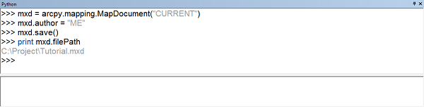 Screen capture of mxd.filePath results in Python window Screen capture of mxd.filePath results in Python window
